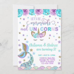 Mermaid & Unicorn girl birthday invitation. Invitation