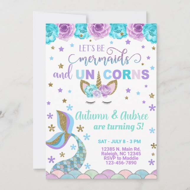 Mermaid & Unicorn invitation d'anniversaire fille. (Devant)