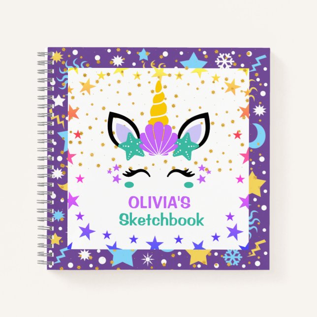 Mermaid Unicorn Personalized Kids Sketchbook Notebook (Front)