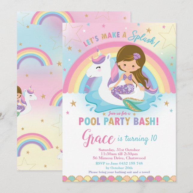 Mermaid Unicorn Pool Party Anniversaire Invitation (Devant / Derrière)