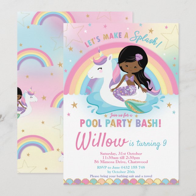 Mermaid Unicorn Pool Party Birthday Dark Skin Tone Invitation (Front/Back)