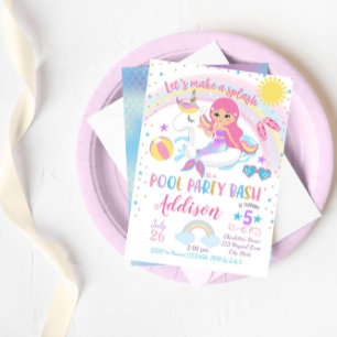 Mermaid Unicorn Pool Party Birthday Invitation