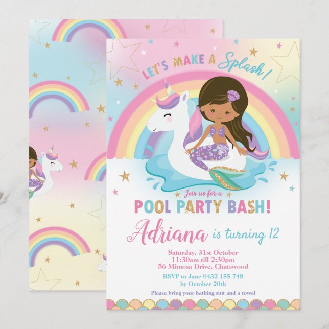 Mermaid Unicorn Pool Party Birthday Tan Skin Brown Invitation (Front/Back)