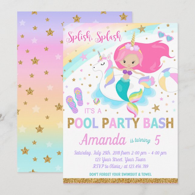 Mermaid & Unicorn Pool Party Invitation (Front/Back)