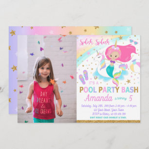 Mermaid & Unicorn Pool Party Photo Invitation