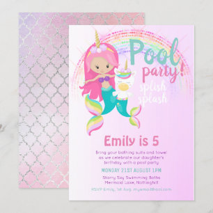 Mermaid Unicorn Pool Party Pink Blue Girl Invitation
