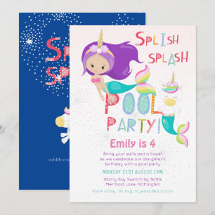 Mermaid Unicorn POOL Party Pink Glitter Girls Invitation