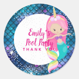 Mermaid Unicorn Pool Party Supplies Pink Blue Girl Classic Round Sticker