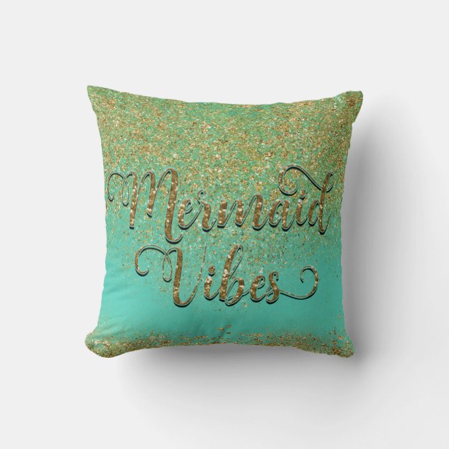 Mermaid Vibes Gold Cascading Glitter & Scales Throw Pillow (Front)