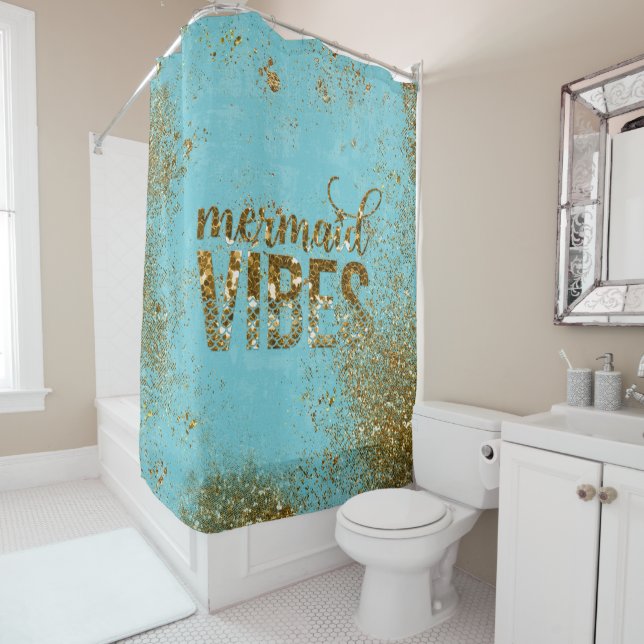 Mermaid Vibes- Gold Glitter Typography on Teal (In Situ)