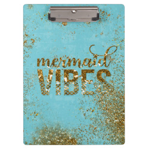 Mermaid Vibes- Gold Glitter Typography on Teal Clipboard