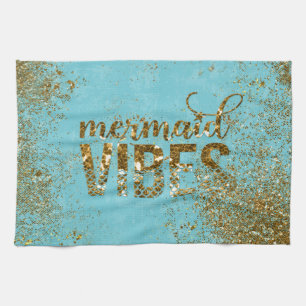 Mermaid Vibes- Gold Glitter Typography on Teal Kitchen Towel