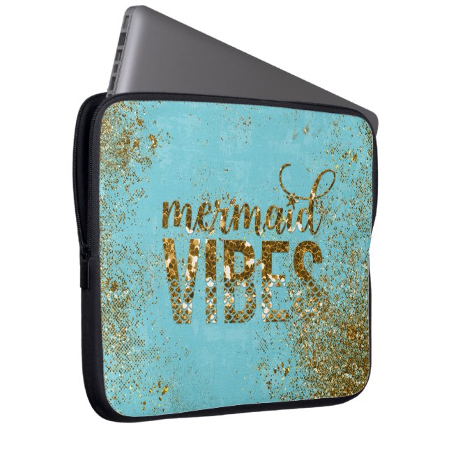 Mermaid Vibes- Gold Glitter Typography on Teal Laptop Sleeve (Front Right)
