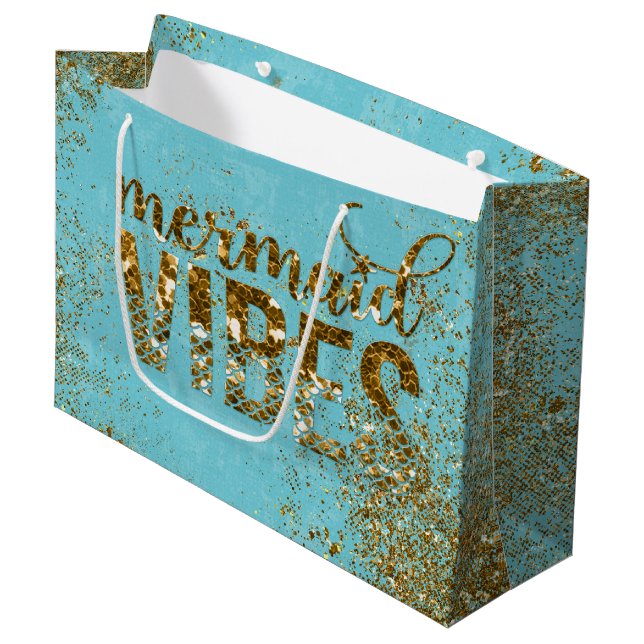 Mermaid Vibes- Gold Glitter Typography on Teal Large Gift Bag (Front Angled)