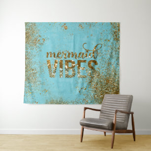 Mermaid Vibes- Gold Glitter Typography on Teal Tapestry