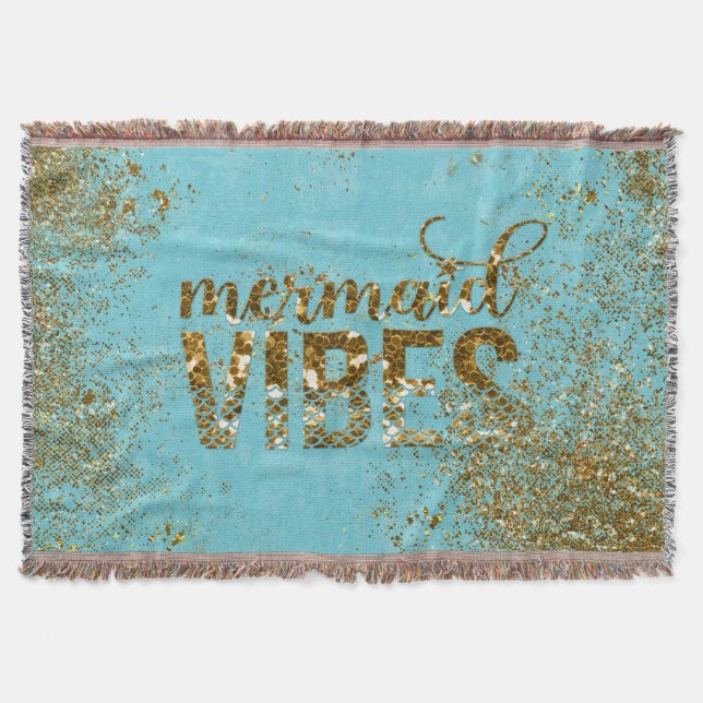 Mermaid Vibes- Gold Glitter Typography on Teal Throw Blanket (Front)