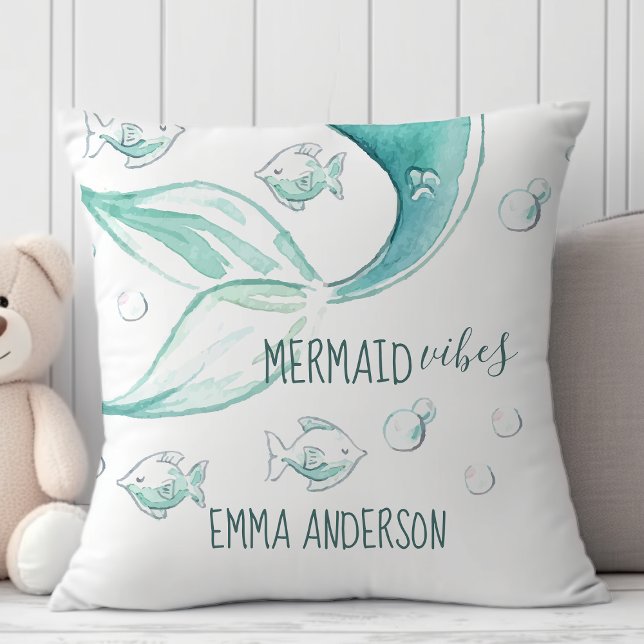 Mermaid Vibes Watercolor Nautical Fish Monogram Throw Pillow (Creator Uploaded)