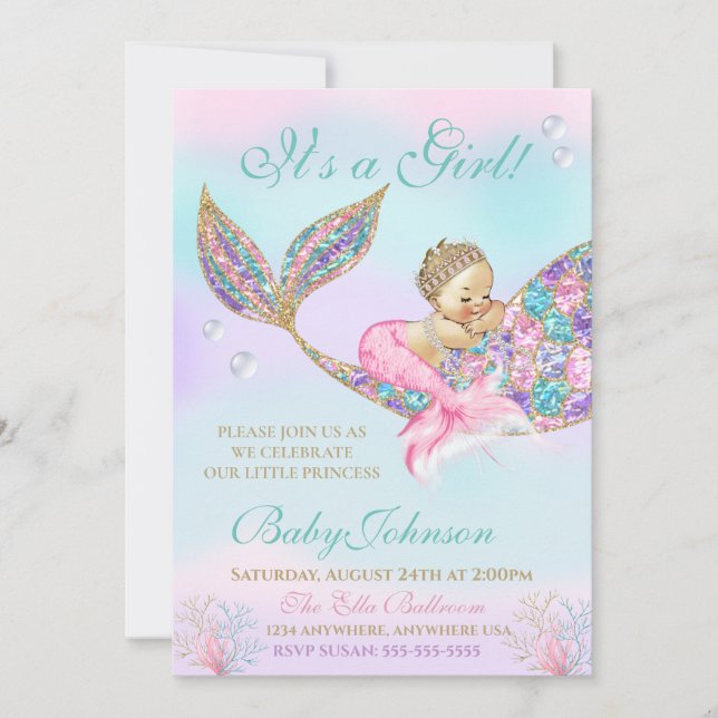 Mermaid Vintage  Baby SHower Glitter Tail Invitation (Front)