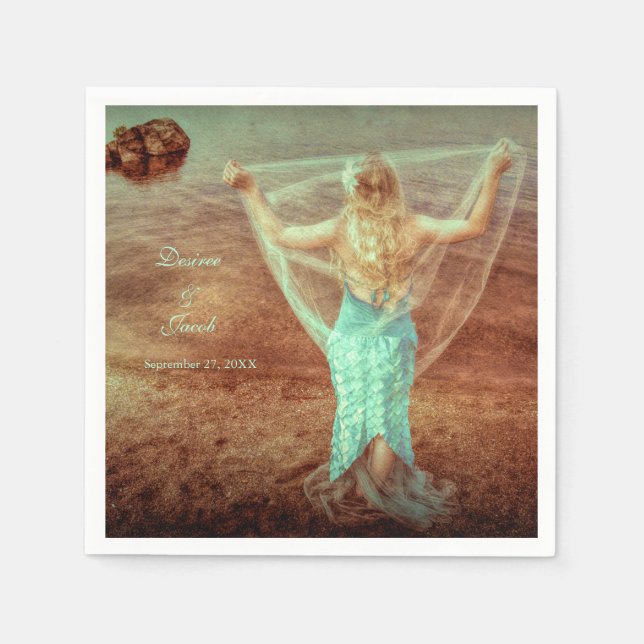 Mermaid Vintage Teal Brown Wedding Napkin (Front)