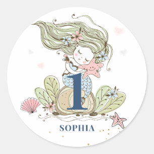Mermaid Watercolor 1st Birthday Classic Round Stic Sticker