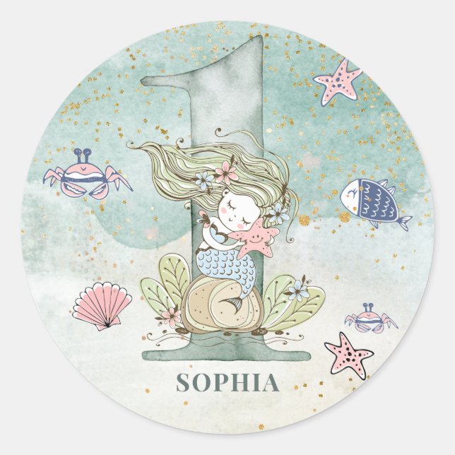 Mermaid Watercolor 1st Birthday Classic Round Sticker (Front)