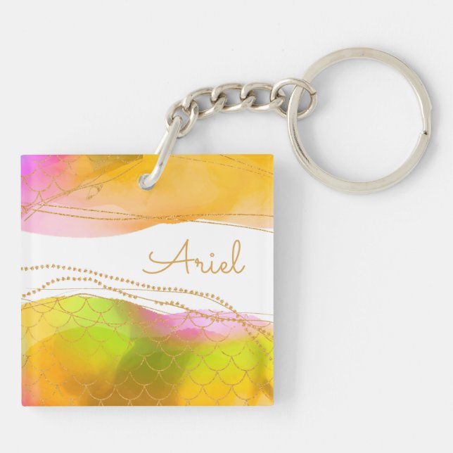 Mermaid Watercolor Art NAME Glam Summer Her Fun Keychain (Back)