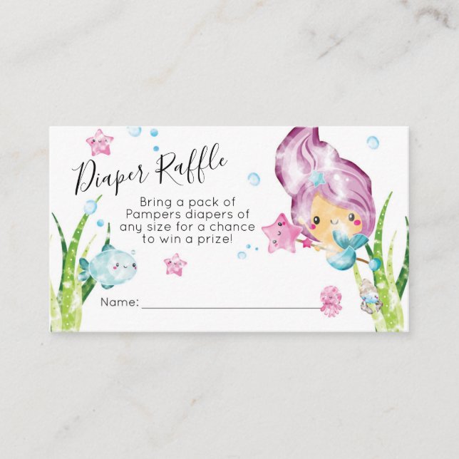 Mermaid Watercolor Baby Shower Diaper Raffle Card (Front)