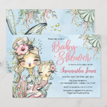 Mermaid Watercolor Baby Shower Invitation