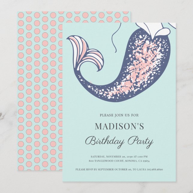 Mermaid Watercolor Birthday Invitation (Front/Back)