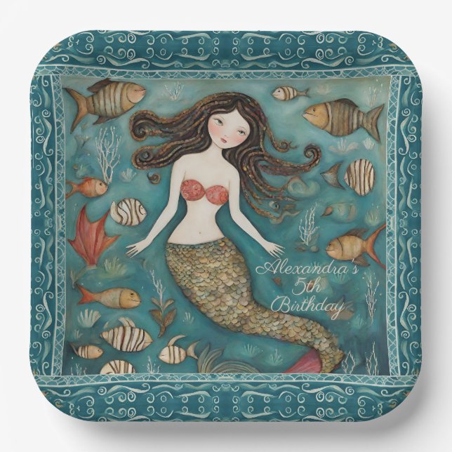 Mermaid Watercolor Birthday Paper Plate (Front)