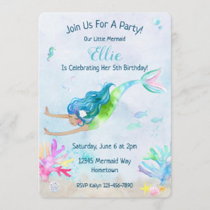Mermaid Watercolor Birthday Party Invitation