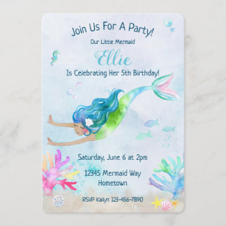 Mermaid Watercolor Birthday Party Invitation