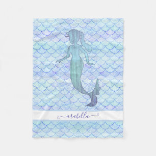 Mermaid Watercolor Blue Fish Scale Pattern Name Fleece Blanket
