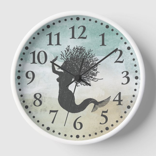 Mermaid Watercolor Ocean Coral Hair Clock (Front)