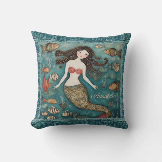 Mermaid Watercolor Personalized Throw Pillow (Front)