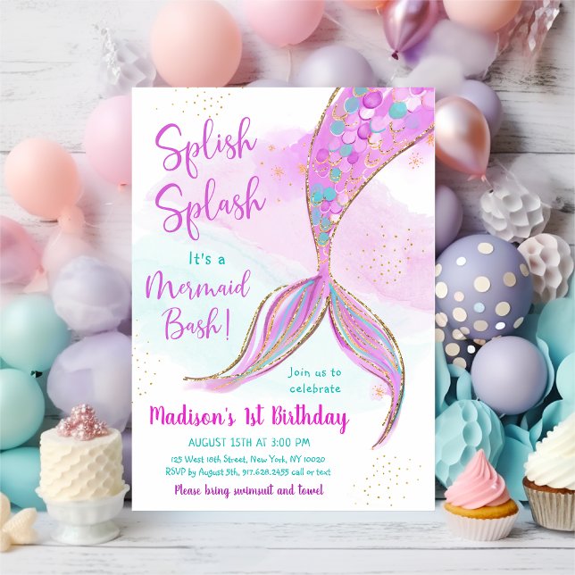 Mermaid Watercolor Pink Purple Birthday Invitation (Creator Uploaded)