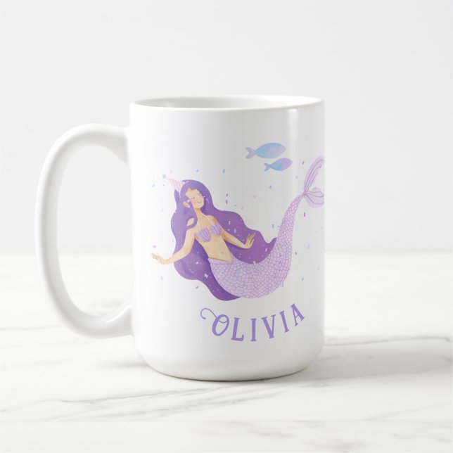 Mermaid Watercolor Purple Cute Girl Birthday  Coffee Mug (Left)