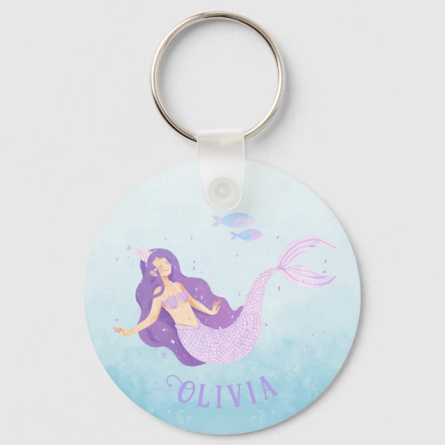 Mermaid Watercolor Purple Cute Girl Birthday  Keychain (Back)