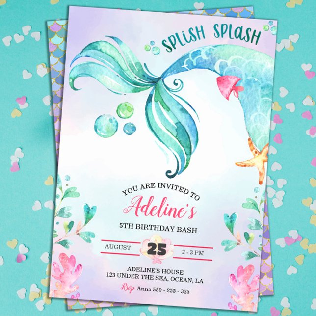 Mermaid Watercolor Splish Splash Cute Birthday Invitation (Mermaid Birthday Party Watercolor Invitation)