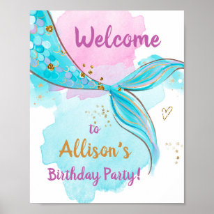 Mermaid Watercolor Tail Teal Girl Birthday Welcome Poster