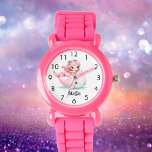 Mermaid whale pink girl name underwater watch<br><div class="desc">Introduce your little one to the joy of telling time with our adorable personalized girls' watch. Featuring a delightful design of a sweet mermaid girl swimming with a friendly whale on a crisp white background, this watch is as enchanting as it is practical. Charming Design: A cute mermaid girl swimming...</div>