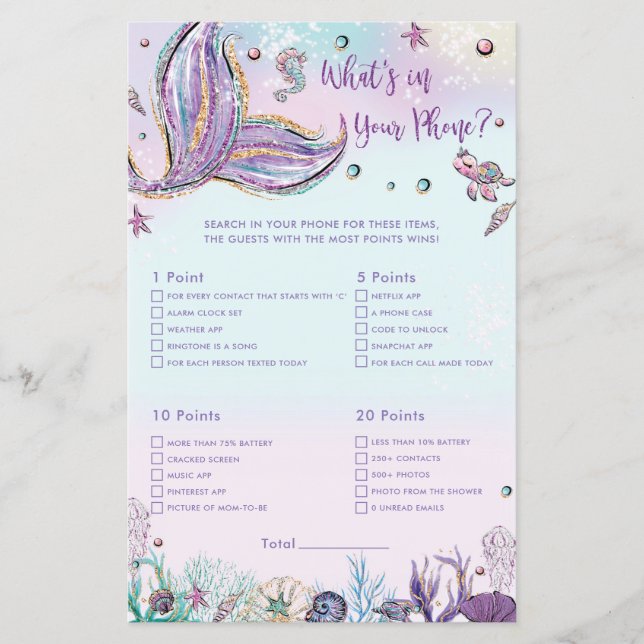 Mermaid What's In Your Phone Game Shower Activity (Front)