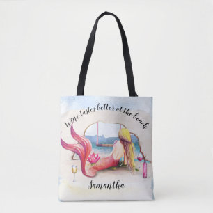 Mermaid Wine Tastes Better at Beach Personalized Tote Bag