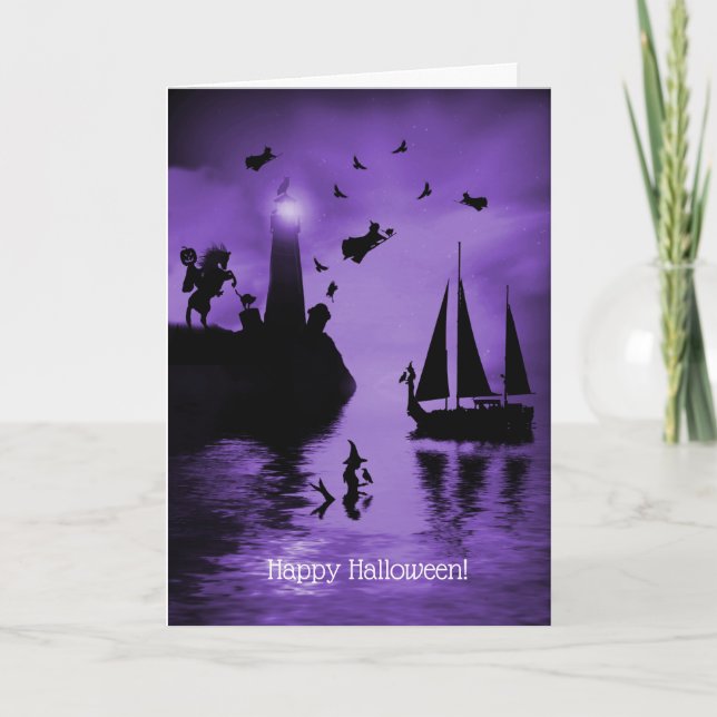 Mermaid Witch Lighthouse Spooks Halloween Card (Front)