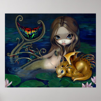 Mermaid with a Golden Dragon Art Print fantasy fae
