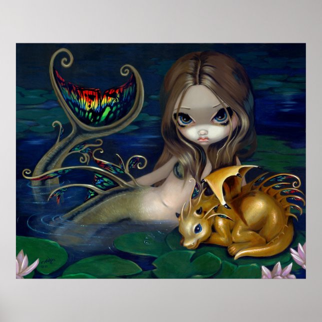 Mermaid with a Golden Dragon Art Print fantasy fae (Front)