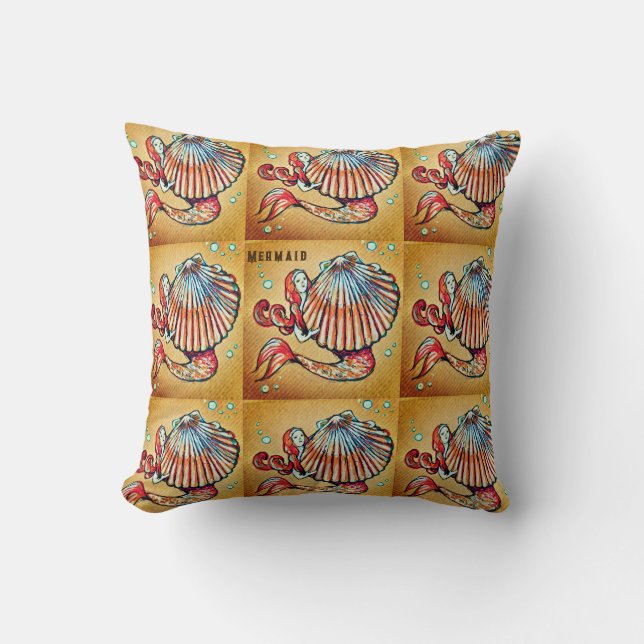 Mermaid with a Sea Shell Drawing Throw Pillow (Front)