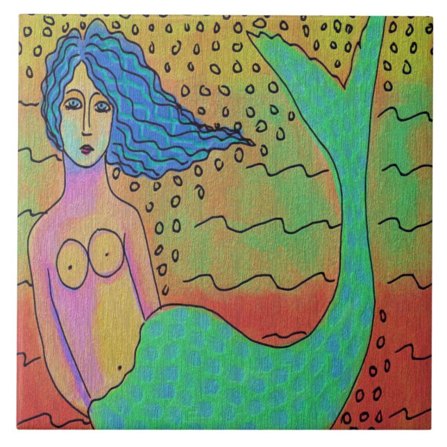 Mermaid with Blue Hair Abstract Digital Painting Tile (Front)