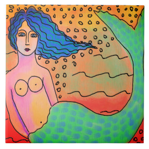 Mermaid with Blue Hair Abstract Painting Tile