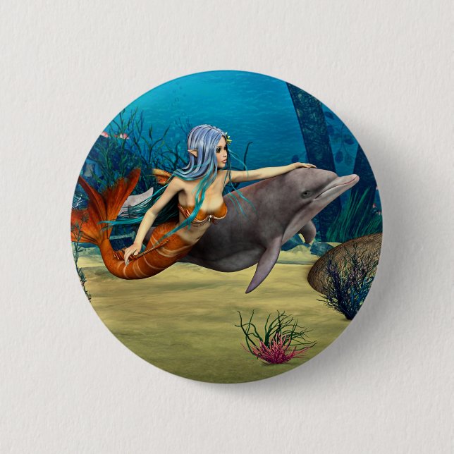 Mermaid with Dolphin 2 Inch Round Button (Front)